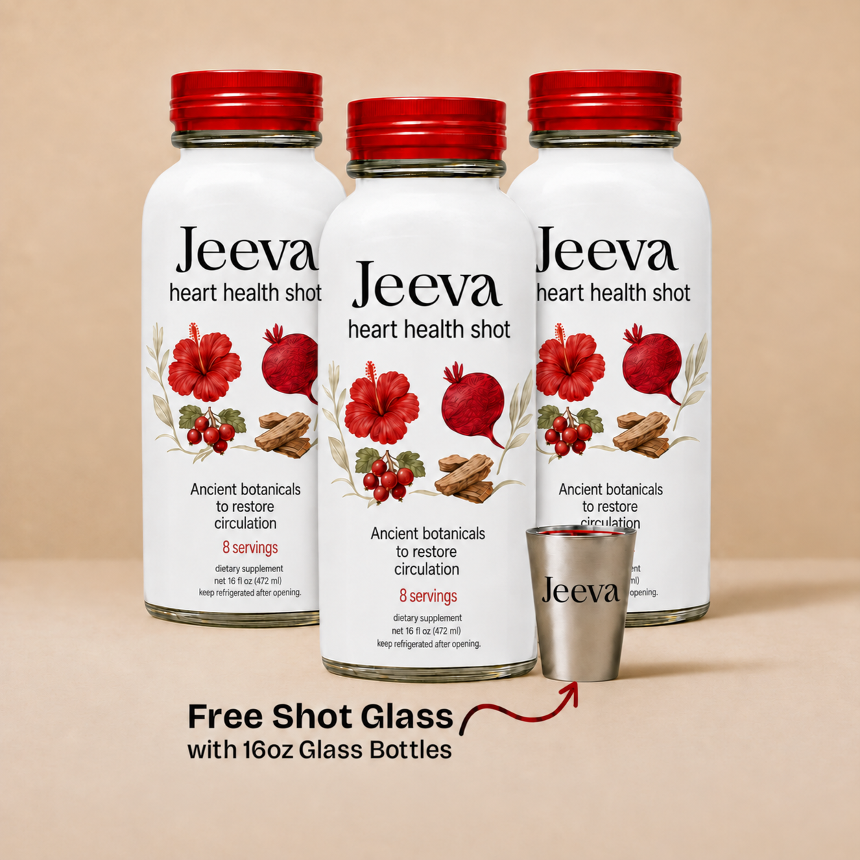 Three bottles of Jeeva heart health shot with a free shot glass