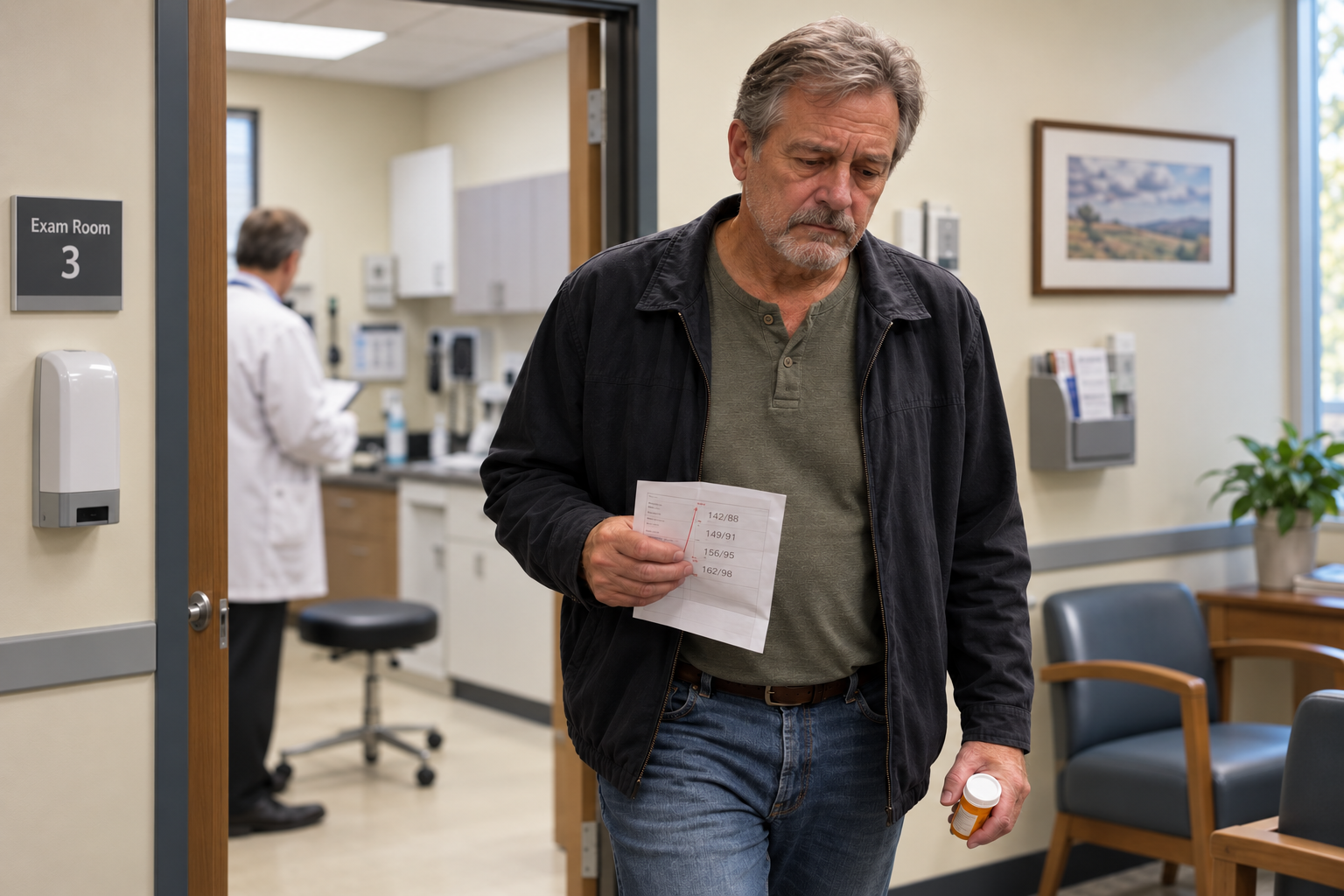Man standing in a clinic hallway outside Exam Room 3, holding a prescription bottle and a printout of his climbing blood pressure readings