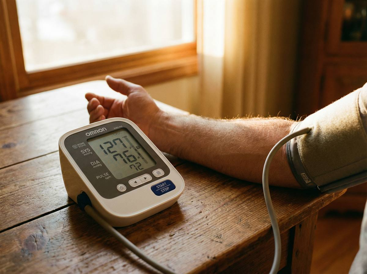 Home blood pressure monitor resting on a kitchen table in morning light