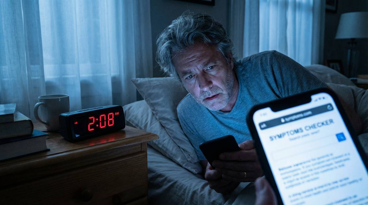 Man awake in bed in the middle of the night, face lit by his phone