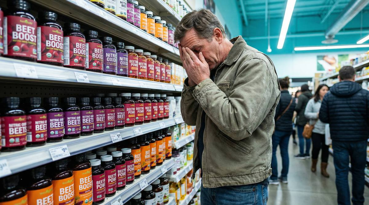 Man standing in a supplement aisle with his head in his hands, facing shelves packed with beetroot extract jars