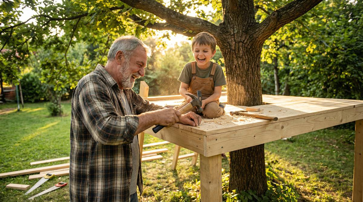 Grandfather building a wooden treehouse with his grandson in a sunny backyard